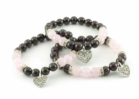 Granaat/rozekwarts armband met hartje, 8 mm kralen - Just Flow - webwinkel met violet glas, edelsteenremedies, edelstenen, sier