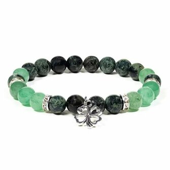 Kambaba jaspis/groene aventurijn armband met klavertje vier hangertje