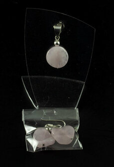 Rozekwarts hanger/oorbellen set aan zilveren oogje - Just Flow - webwinkel met violet glas, edelsteenremedies, edelstenen, sieraden, pendels, orakelkaarten, wierook, smudgekruiden en spirituele artikelen in Vlissingen (Zeeland)