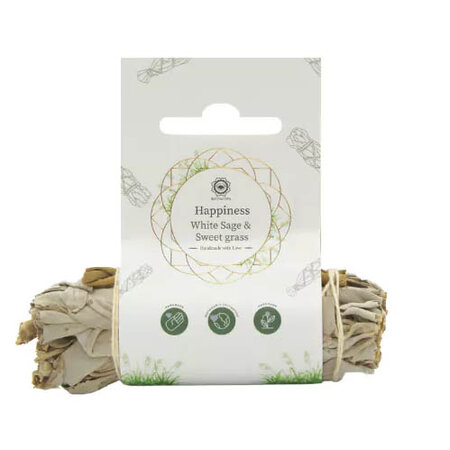 Happiness Salie en Sweetgrass Smudgestick 10 cm met label