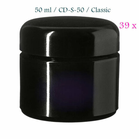 39 x 50 ml cosmeticapot Ceres, Miron violet glas CD-S-50 met modern of klassiek deksel bij Just Flow - webwinkel met violet glas, edelsteenremedies, edelstenen, wierook en spirituele artikelen in Vlissingen (Zeeland)