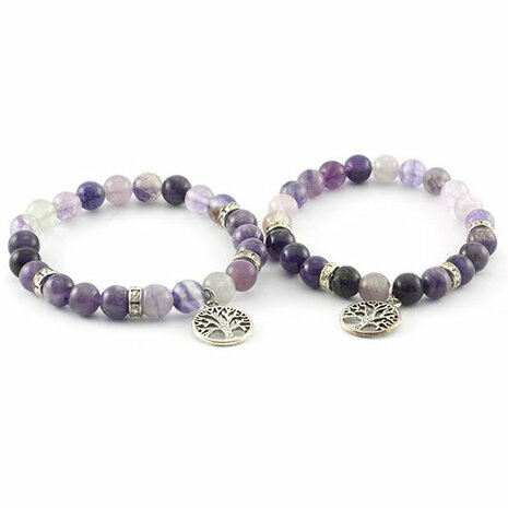 Fluoriet/amethist armband met Levensboom hangertje, 8 mm kralen