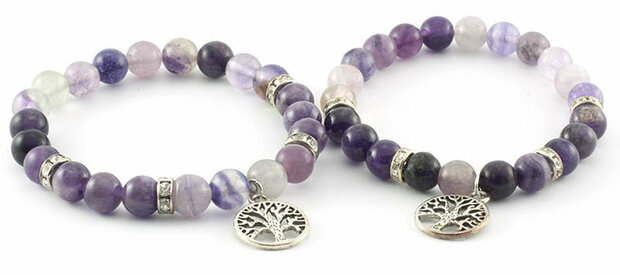 Fluoriet/amethist armband met Levensboom hangertje - Just Flow - webwinkel met violet glas, edelsteenremedies, edelstenen, sier
