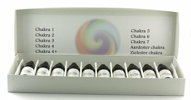 Flow Remedies edelsteenremedie combinatie set Chakra - Just Flow - webwinkel met violet glas, edelsteenremedies, edelstenen, sieraden, pendels, orakelkaarten, wierook, smudgekruiden en spirituele artikelen in Vlissingen (Zeeland)