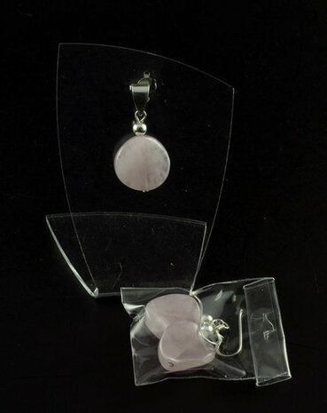 Rozekwarts hanger/oorbellen set aan zilveren oogje - Just Flow - webwinkel met violet glas, edelsteenremedies, edelstenen, sieraden, pendels, orakelkaarten, wierook, smudgekruiden en spirituele artikelen in Vlissingen (Zeeland)