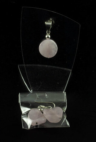 Rozekwarts hanger/oorbellen set aan zilveren oogje - Just Flow - webwinkel met violet glas, edelsteenremedies, edelstenen, sieraden, pendels, orakelkaarten, wierook, smudgekruiden en spirituele artikelen in Vlissingen (Zeeland)