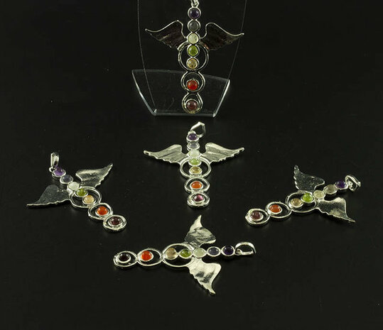 Engelenvleugel hanger met chakrasteentjes - Just Flow - webwinkel met violet glas, edelsteenremedies, edelstenen, sieraden, pen