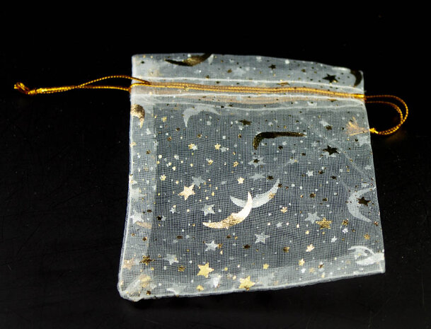 Organza zakje met maan en sterren, wit/goud, 7x9 cm